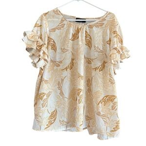 Lane Bryant Ruffle Sleeve Tropical Leaf Blouse Mustard Tan Cream Plus Size 20
